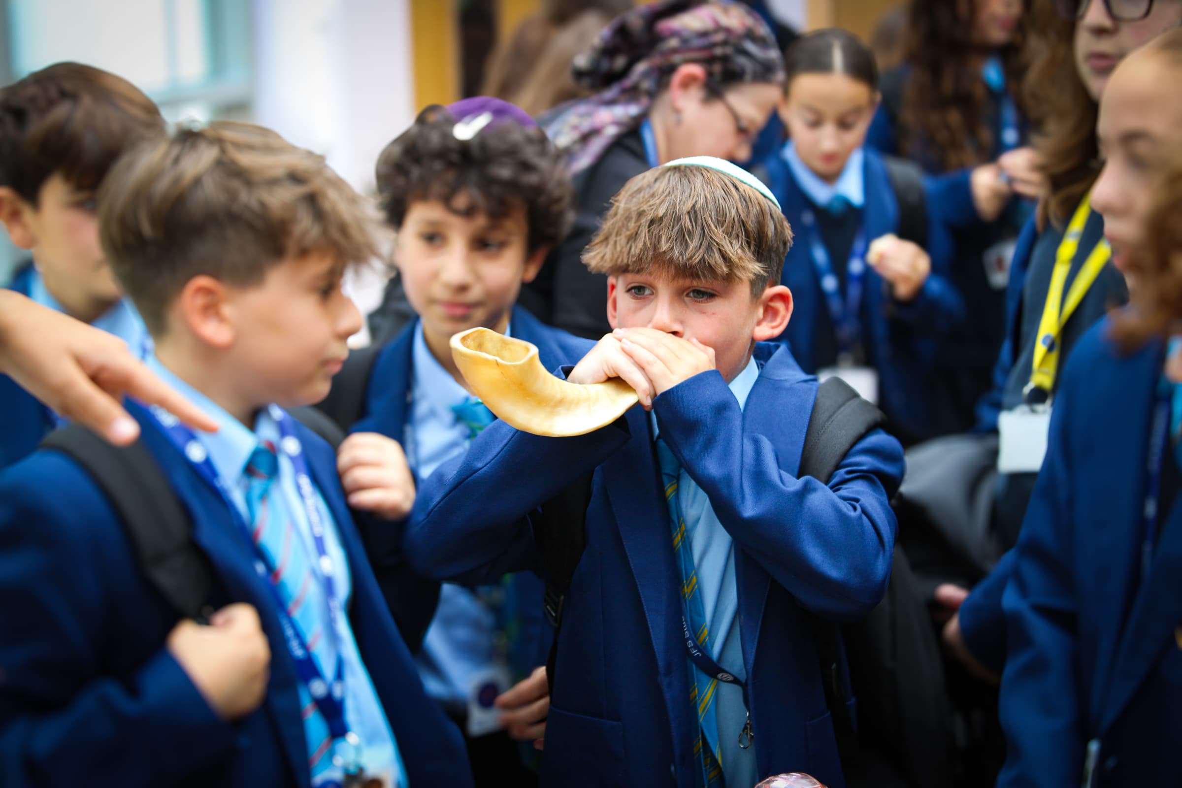 JFS students listening to the shofar for Rosh Hashanah